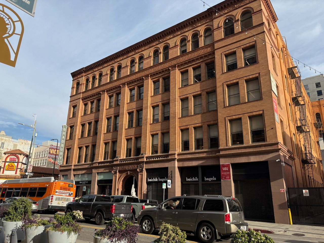 The Bradbury Building exterior on Broadway - a handsome five-story brick facade