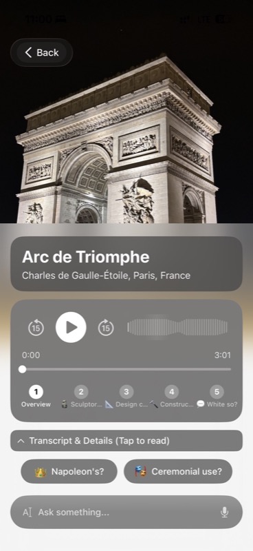 Chiaro recognizing the Arc de Triomphe at night in Paris, showing five follow-up chapters
