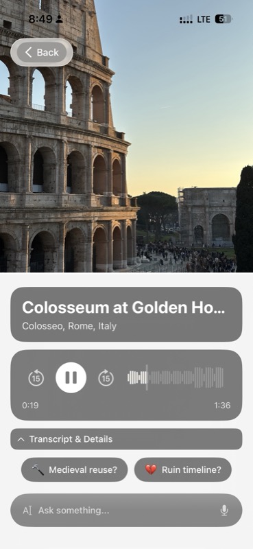 Chiaro at the Colosseum at golden hour in Rome, with follow-up buttons "Medieval reuse?" and "Ruin timeline?"