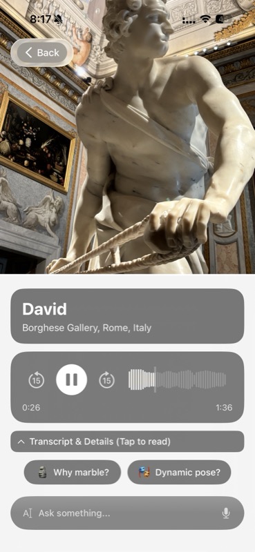 Chiaro recognizing Bernini's David at the Borghese Gallery in Rome, with follow-up buttons "Why marble?" and "Dynamic pose?"