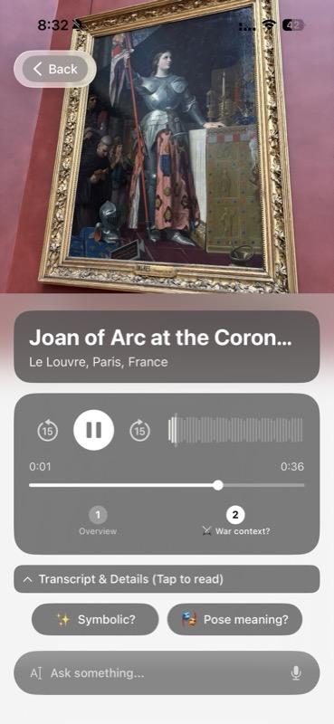 Chiaro recognizing Joan of Arc at the Coronation at the Louvre in Paris, with chapter navigation and follow-up buttons