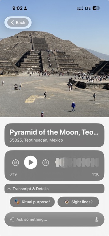 Chiaro at the Pyramid of the Moon in Teotihuacan, Mexico, with follow-up buttons "Ritual purpose?" and "Sight lines?"